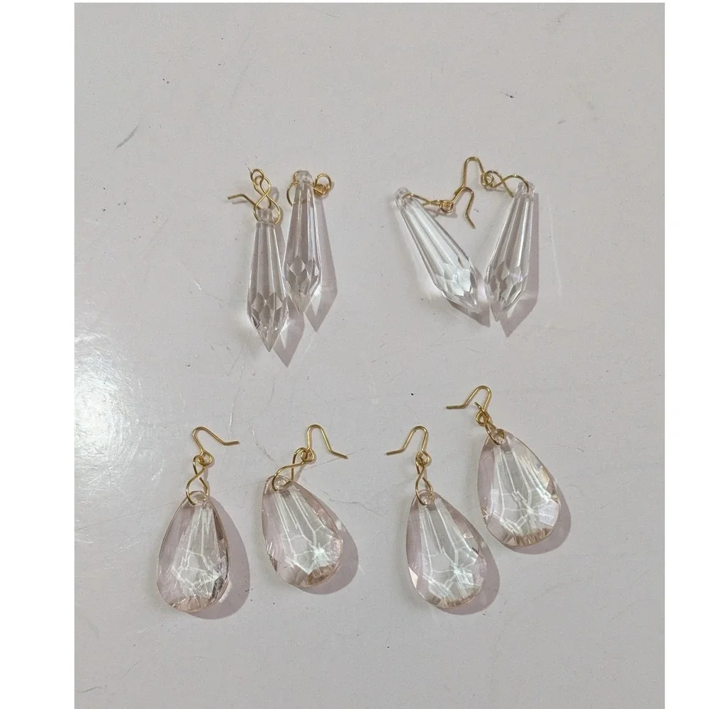 Clear‎ Crystal Faceted Teardrop and Prism Dangle Earrings Gold Tone Set of 4